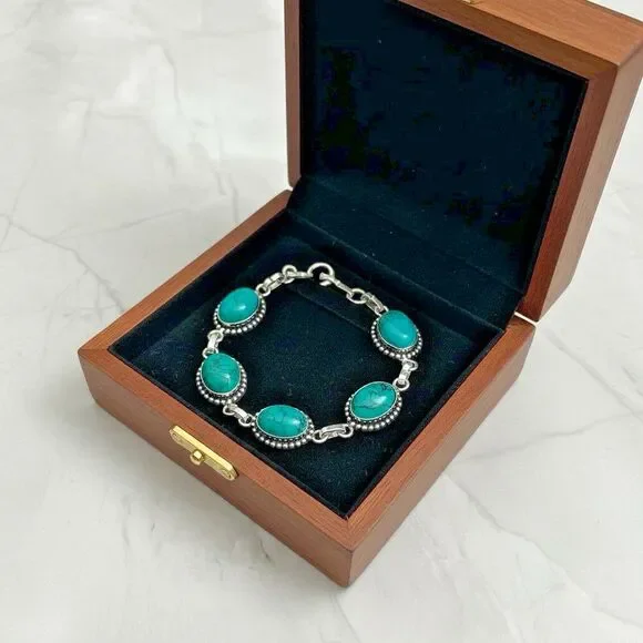 925 Sterling Silver Turquoise Howlite Bracelet Oval Link Statement - Picture 1 of 6